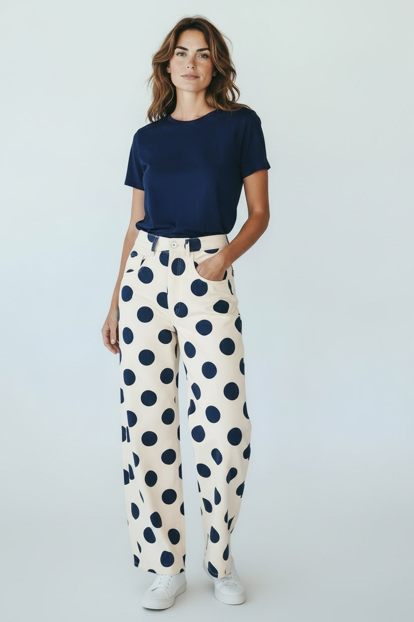 Polka Dot Barrel Denim Pants