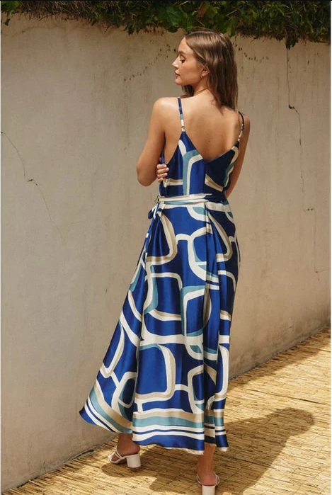 Shades of Blue & Ecru Satin Maxi Dress