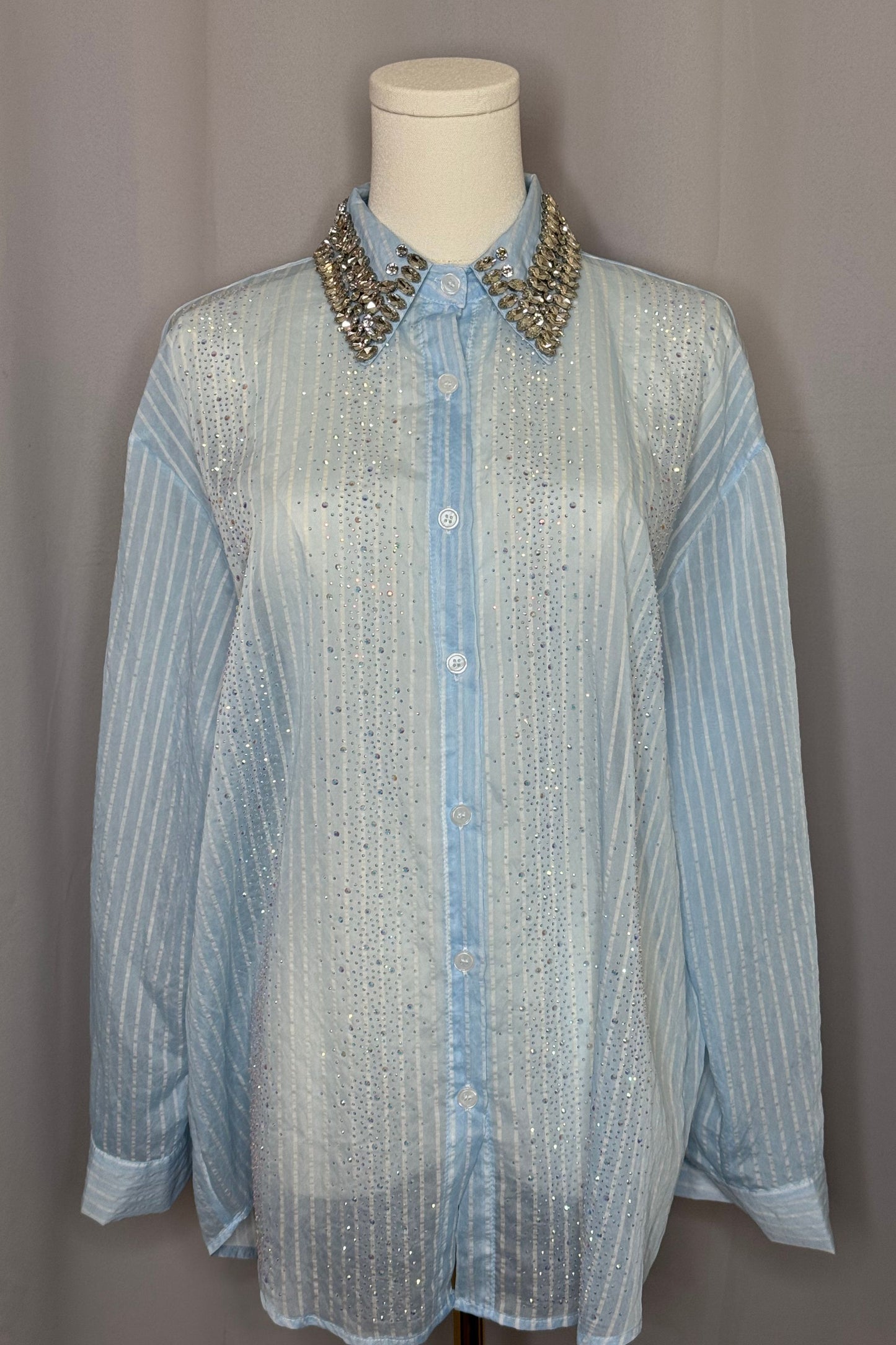 Baby Blue & White Stripe Patterned Sheer Blouse with Embellished Collar