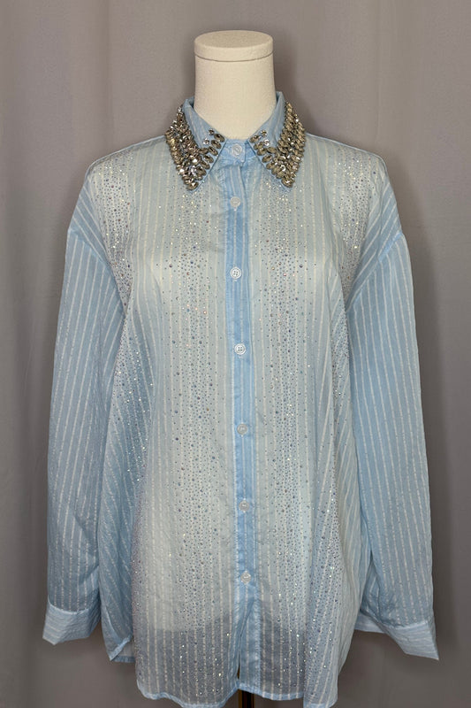 Baby Blue & White Stripe Patterned Sheer Blouse with Embellished Collar
