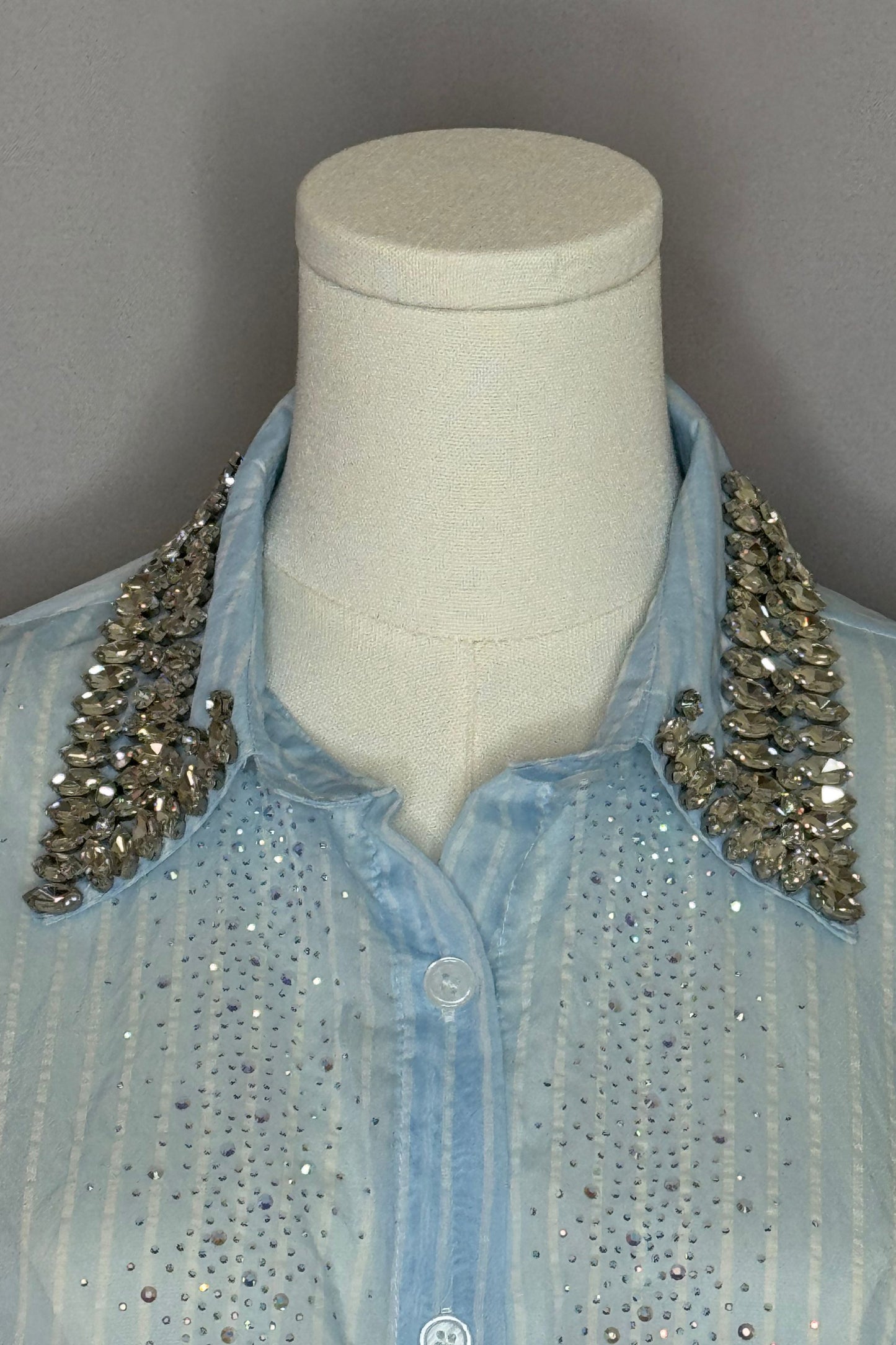 Baby Blue & White Stripe Patterned Sheer Blouse with Embellished Collar