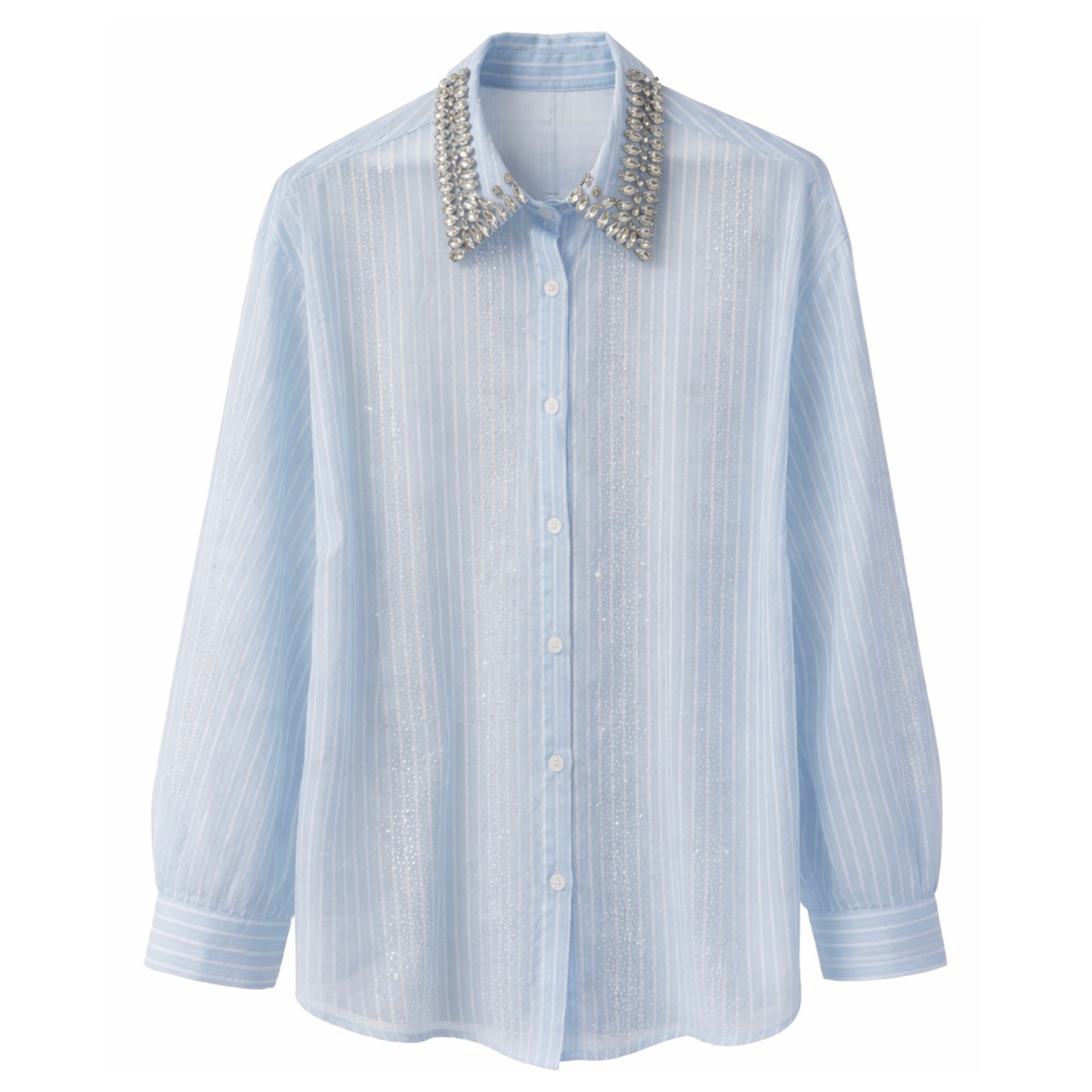 Baby Blue & White Stripe Patterned Sheer Blouse with Embellished Collar