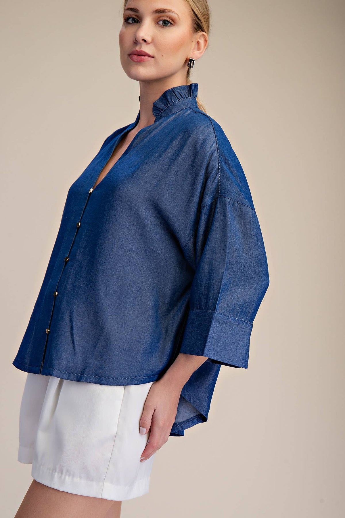 Ruffle V-neck Wide Short Sleeves Shirt