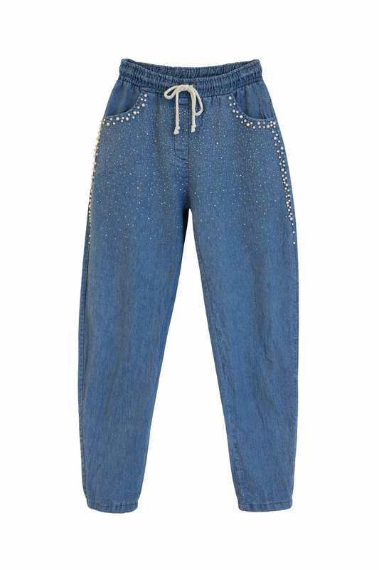 Perla Embellished Drawstring Denim Pant - One Size