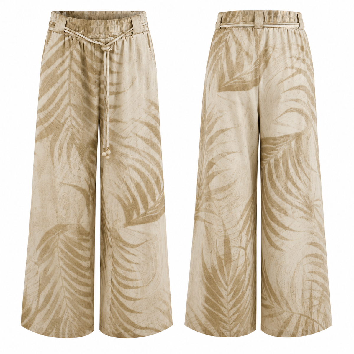 Sandstone Palm Satin Wide-Leg Pants