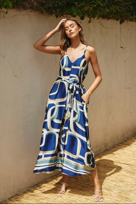 Shades of Blue & Ecru Satin Maxi Dress