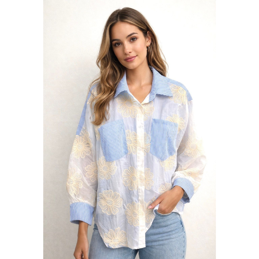 Camelia Flower Embroidered Stripe Blouse - One Size
