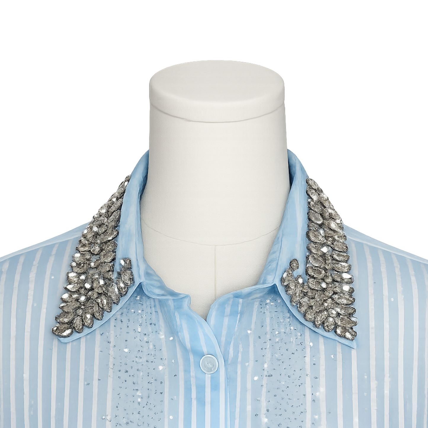 Baby Blue & White Stripe Patterned Sheer Blouse with Embellished Collar