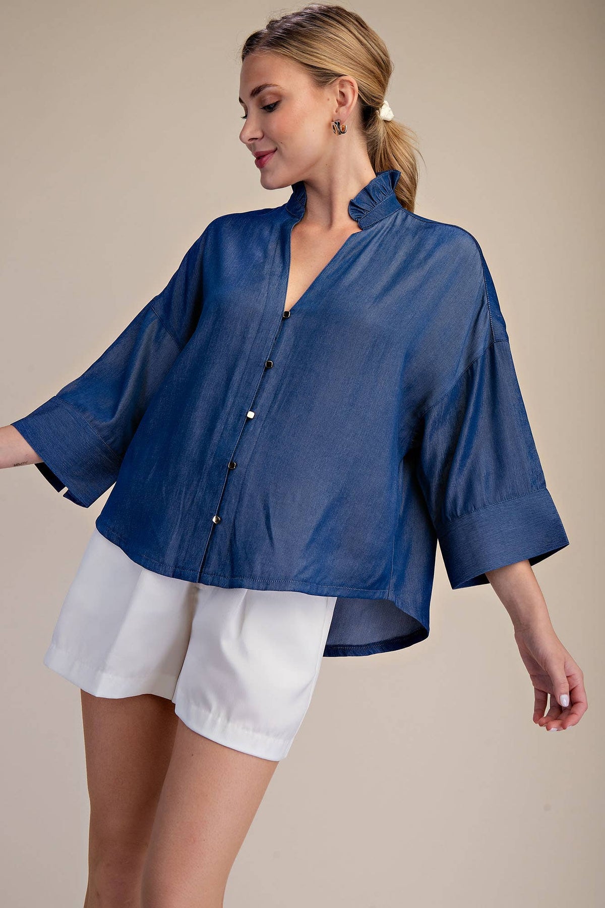 Ruffle V-neck Wide Short Sleeves Shirt